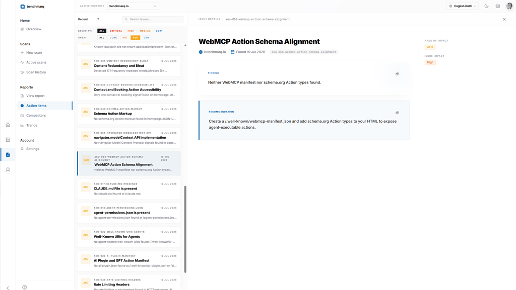 Benchmarq Maßnahmenübersicht mit priorisierten technischen Behebungsaufgaben