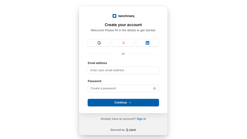 Benchmarq sign-up screen with Google, HubSpot, LinkedIn, and email options