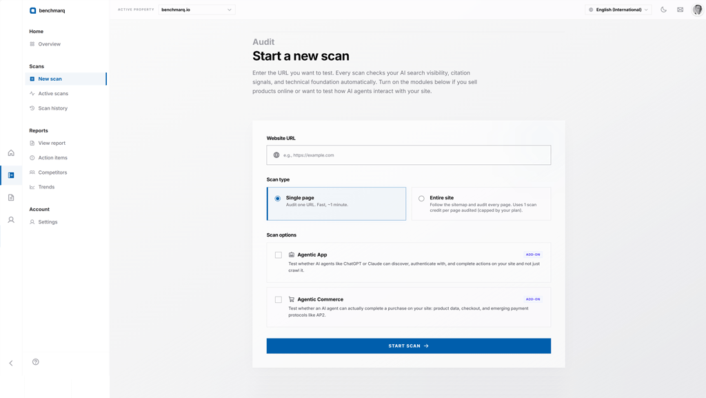 Benchmarq new scan form with agentic app and agentic commerce options