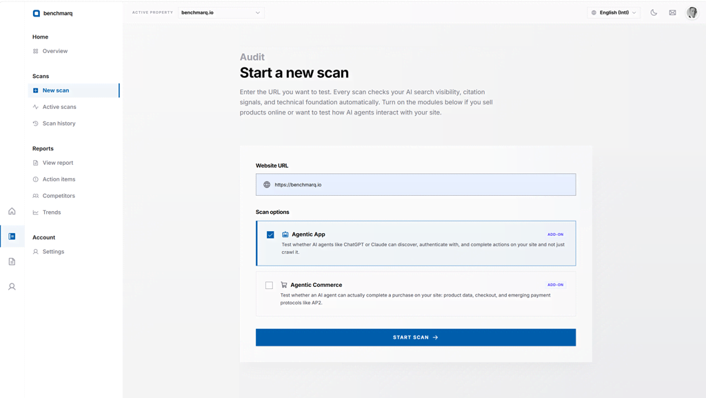 Benchmarq new scan form with agentic app and agentic commerce options