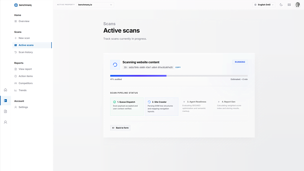 Benchmarq active scan page showing pipeline status and progress