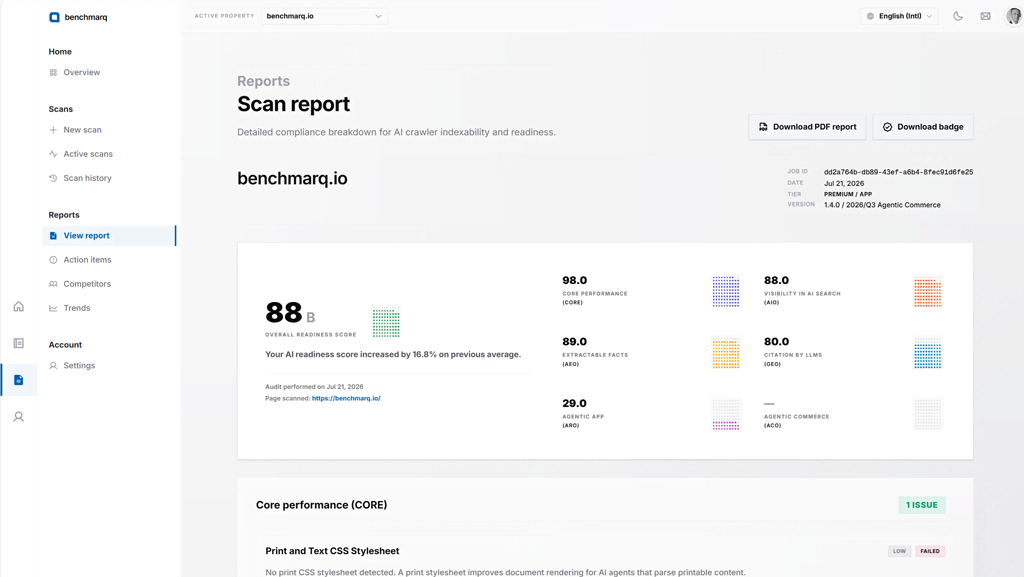 Benchmarq report page showing overall score and pillar breakdown