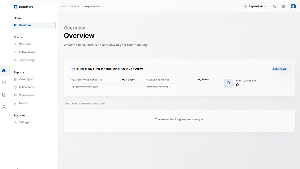 Benchmarq dashboard with consumption overview and tracked domains panels
