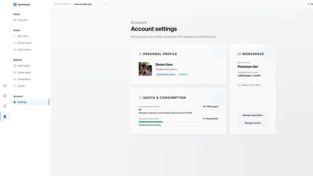 Benchmarq account settings with consumption panel and workspace upgrade options