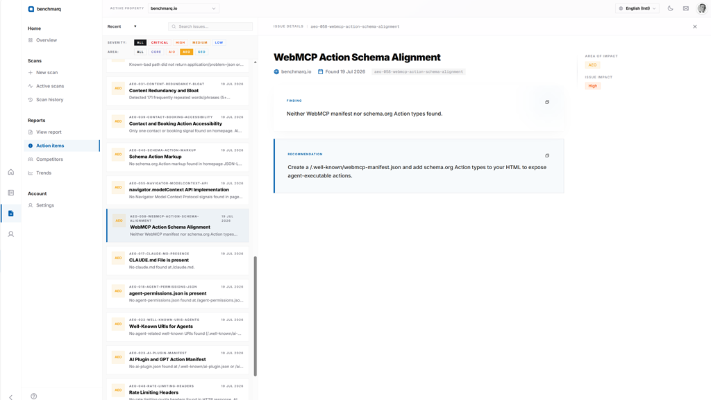 Benchmarq action items screen with prioritized remediation tasks